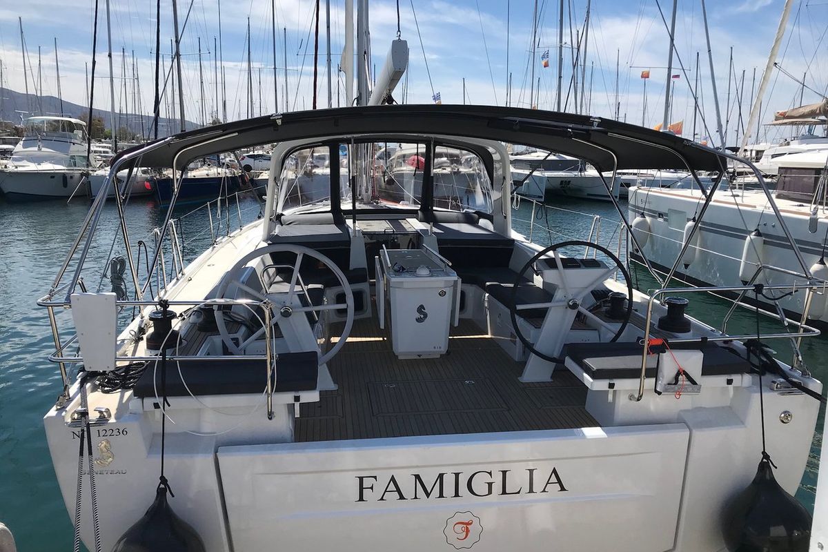 Cockpit of Famiglia, a Beneteau Oceanis 51.1 sailboat at Athens, Greece