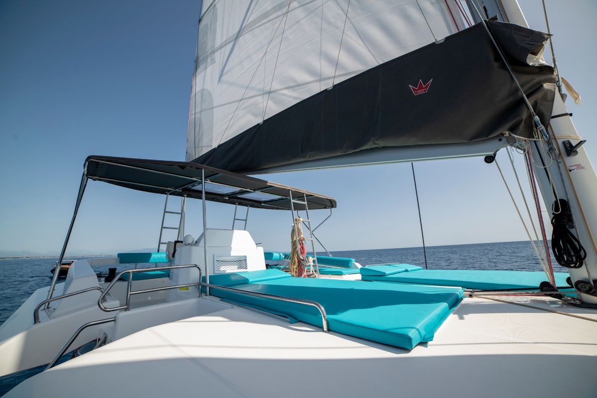 Deck of Futura, a Dufour Catamaran 48 catamaran at Cecina, Italy