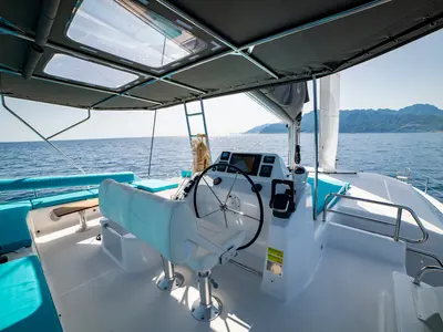 Cockpit of Futura, a Dufour Catamaran 48 catamaran at Cecina, Italy