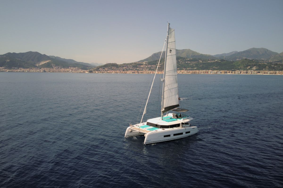 Exterior view of Futura, a Dufour Catamaran 48 catamaran at Cecina, Italy