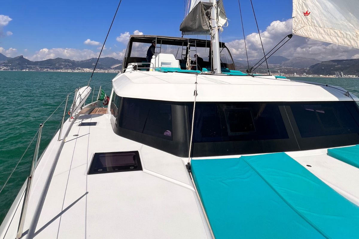 Deck of Futura, a Dufour Catamaran 48 catamaran at Cecina, Italy