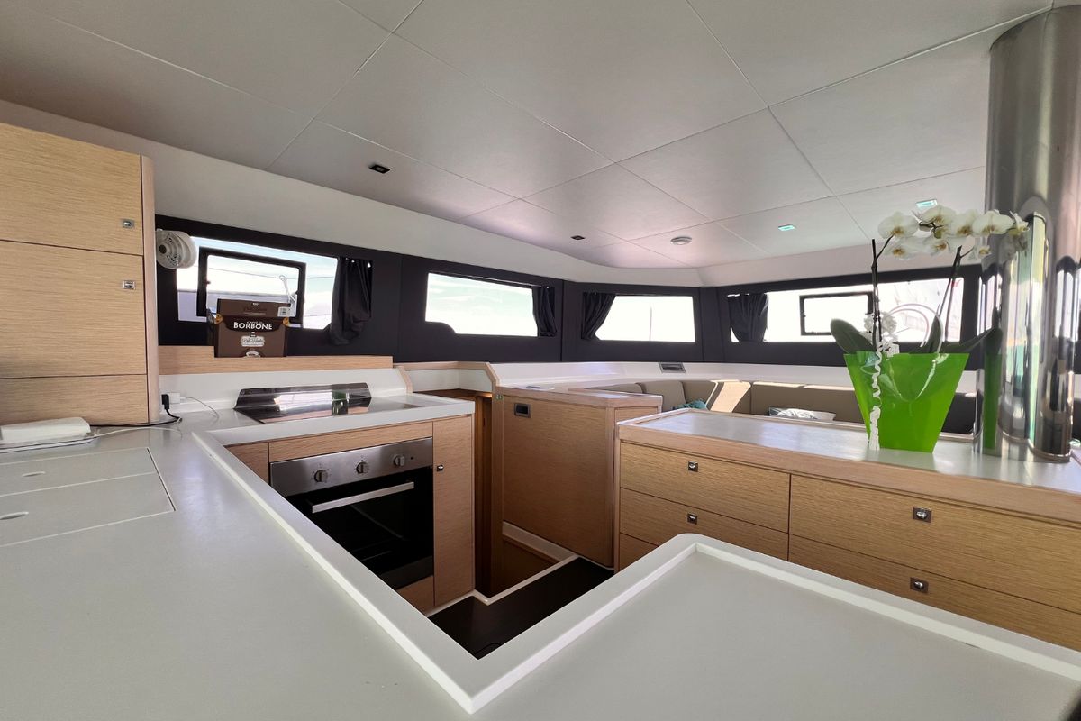 Galley of Futura, a Dufour Catamaran 48 catamaran at Cecina, Italy