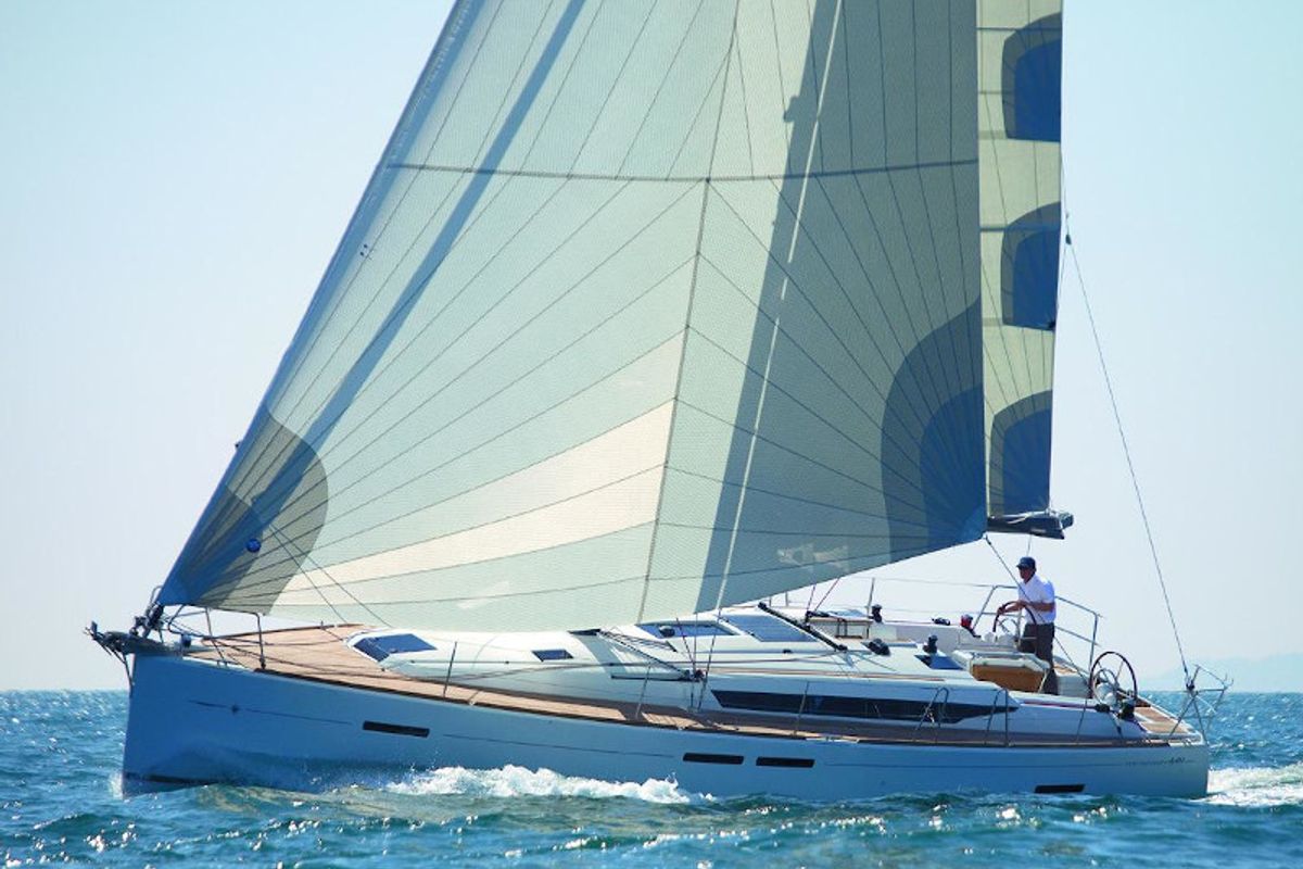 Exterior view of AF-SO449, a Jeanneau Sun Odyssey 449 sailboat at Athens, Greece