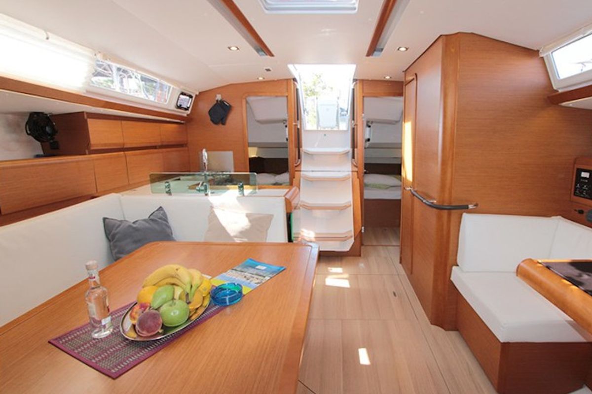 Salon of AF-SO449, a Jeanneau Sun Odyssey 449 sailboat at Athens, Greece
