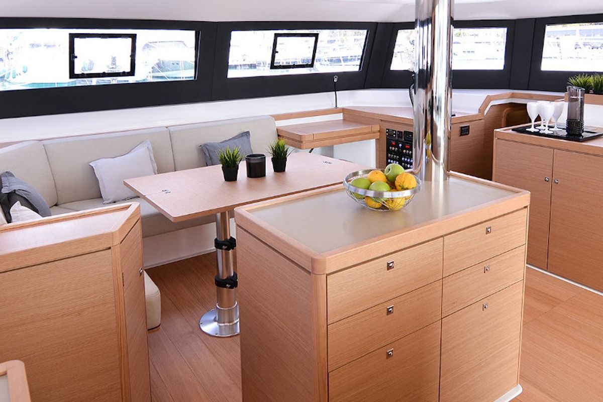 Salon of Jupiter, a Dufour Catamaran 48 catamaran at Cagliari, Italy