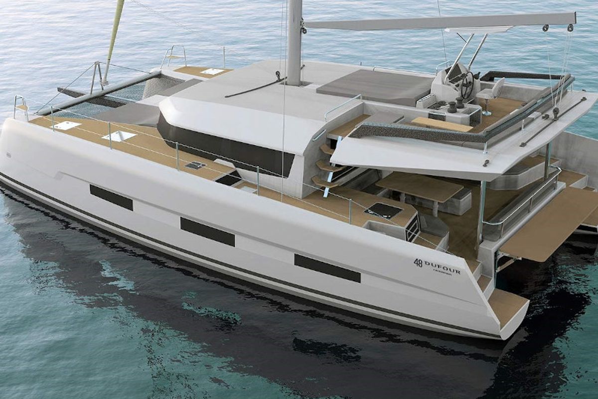Exterior view of Jupiter, a Dufour Catamaran 48 catamaran at Cagliari, Italy