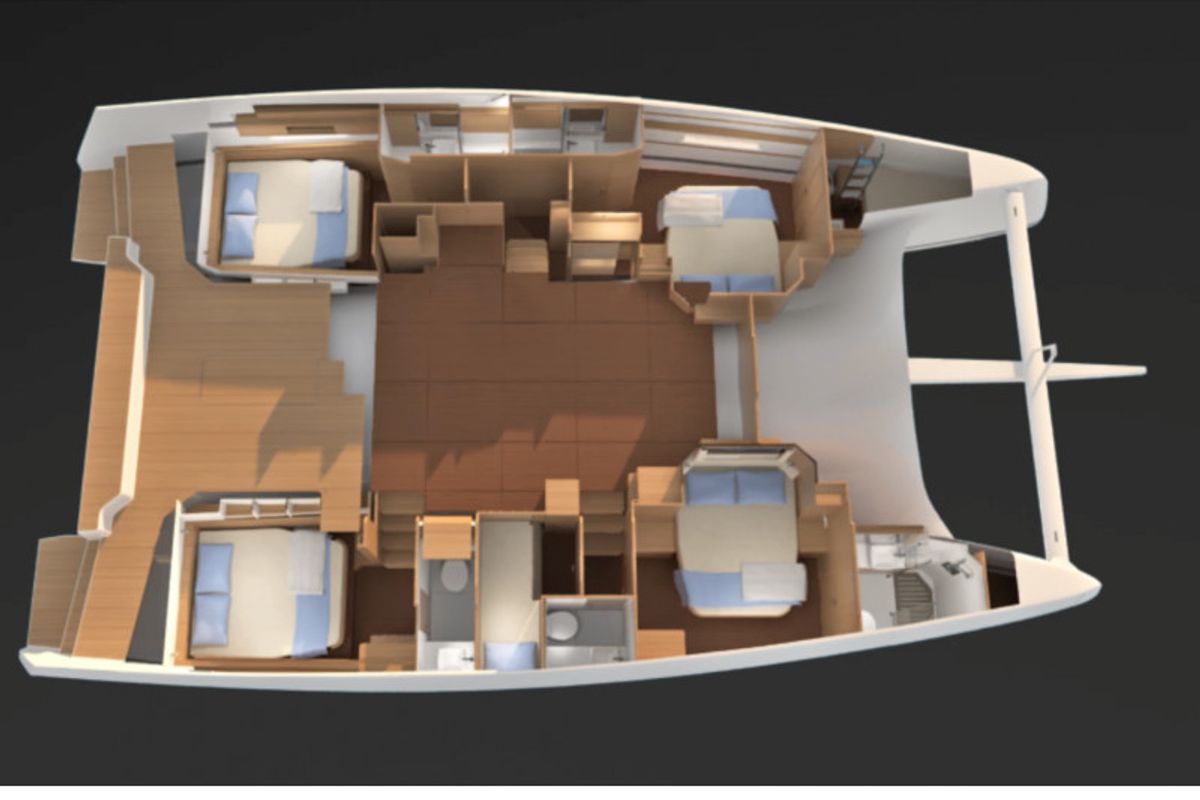Floor plan of Jupiter, a Dufour Catamaran 48 catamaran at Cagliari, Italy