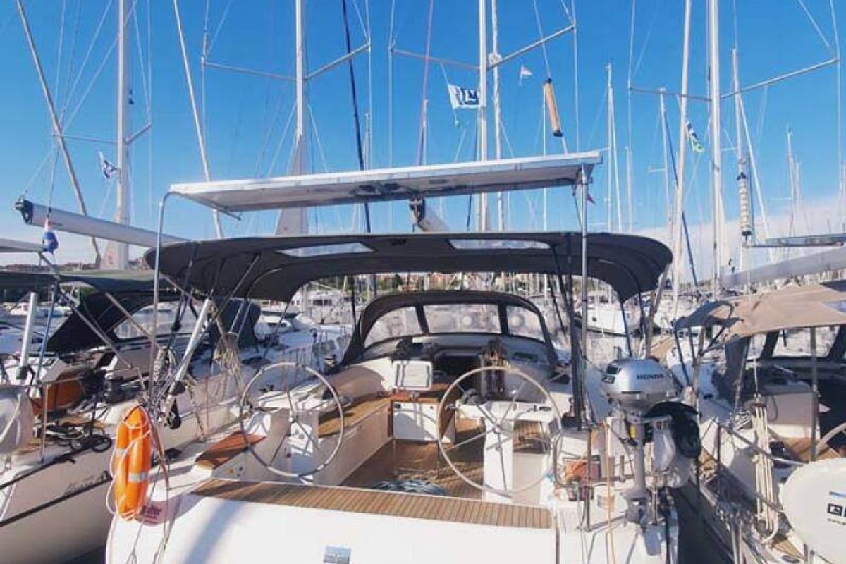Exterior view of Kalimera, a Bavaria Cruiser 45 sailboat at Palma de Mallorca, Spain