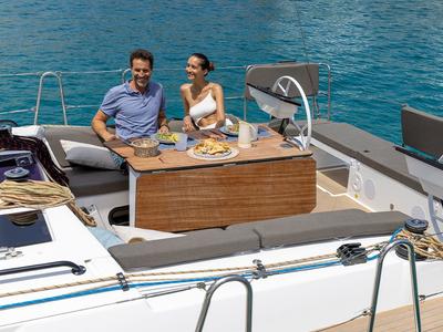 Deck of Donamar, a Dufour 41 sailboat at es Jonquet, Spain