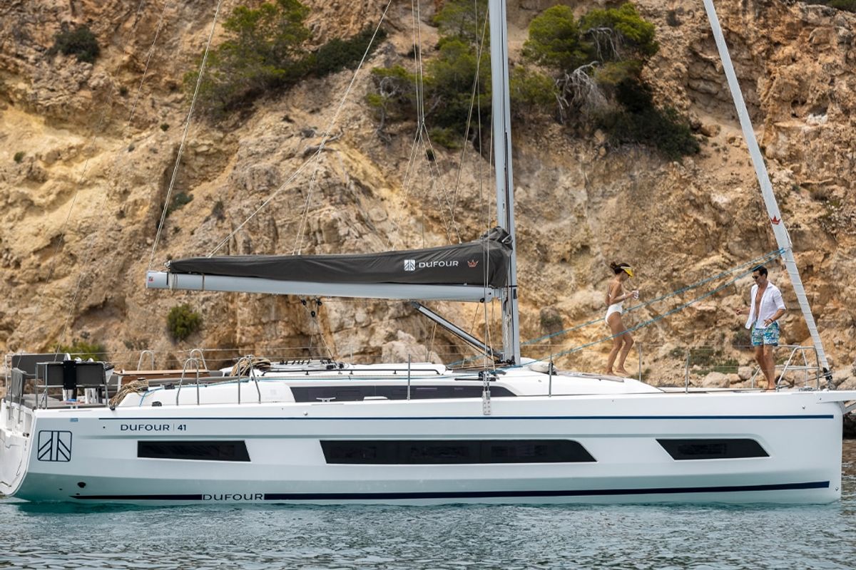 Exterior view of Donamar, a Dufour 41 sailboat at es Jonquet, Spain