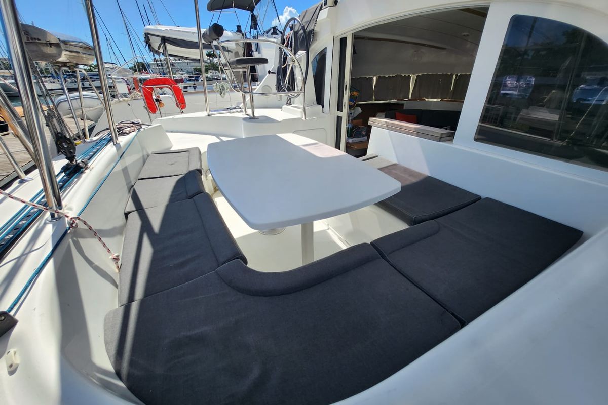 Deck of Aride, a Lagoon 380 catamaran at Eden Island Marina, Seychelles