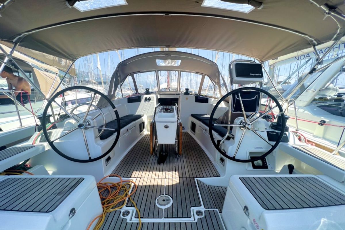 Cockpit of Lady Linda, a Jeanneau Sun Odyssey 439 sailboat at Općina Baška Voda, Croatia