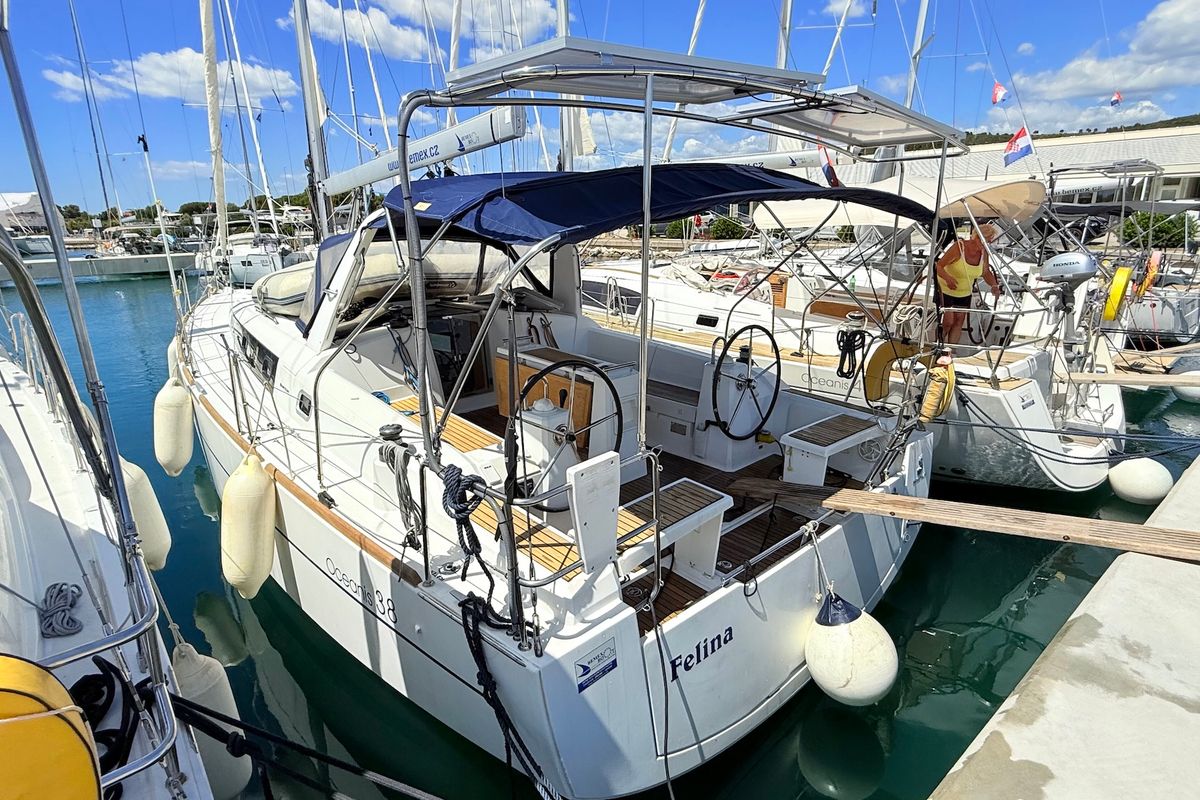 Exterior view of Felina, a Beneteau Oceanis 38 sailboat at Općina Sukošan, Croatia