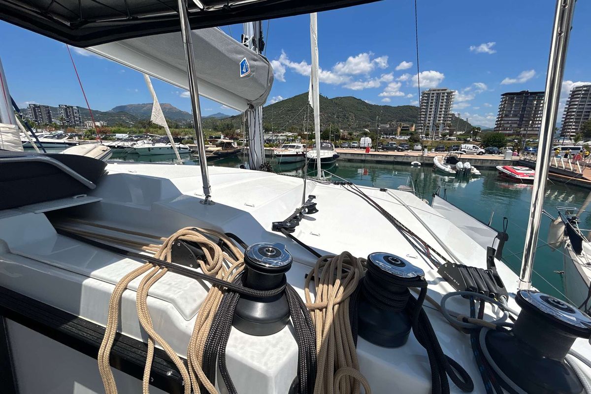 Deck of Deutz, a Fountaine Pajot Astréa 42 catamaran at Salerno, Italy