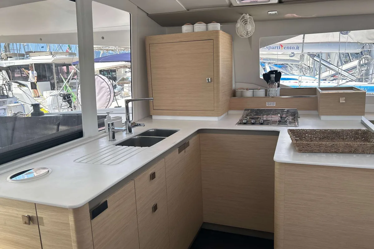 Galley of Deutz, a Fountaine Pajot Astréa 42 catamaran at Salerno, Italy
