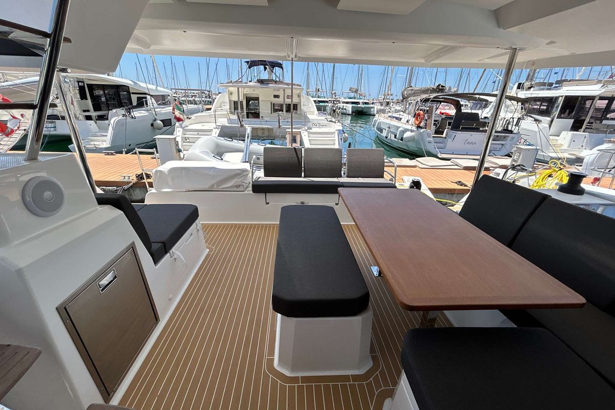 Deck of Deutz, a Fountaine Pajot Astréa 42 catamaran at Salerno, Italy