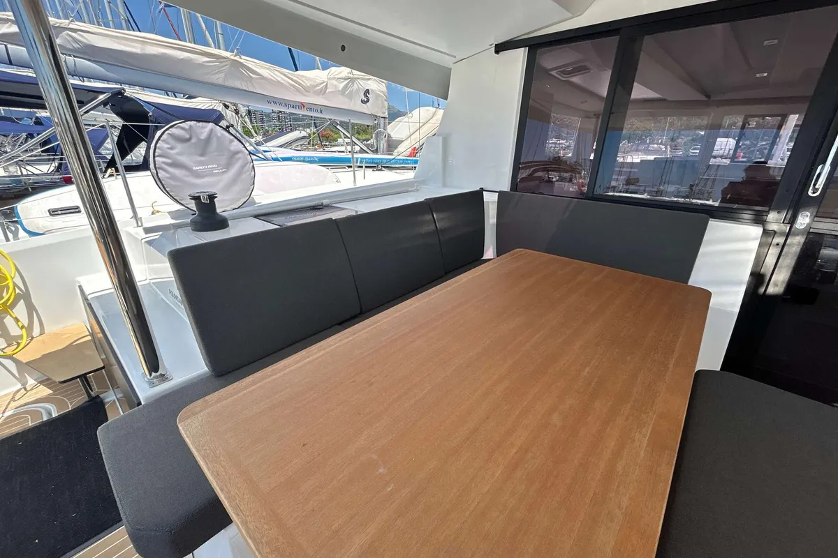 Deck of Deutz, a Fountaine Pajot Astréa 42 catamaran at Salerno, Italy