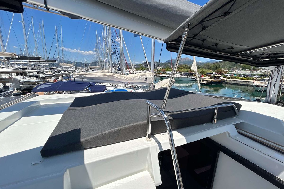 Deck of Deutz, a Fountaine Pajot Astréa 42 catamaran at Salerno, Italy