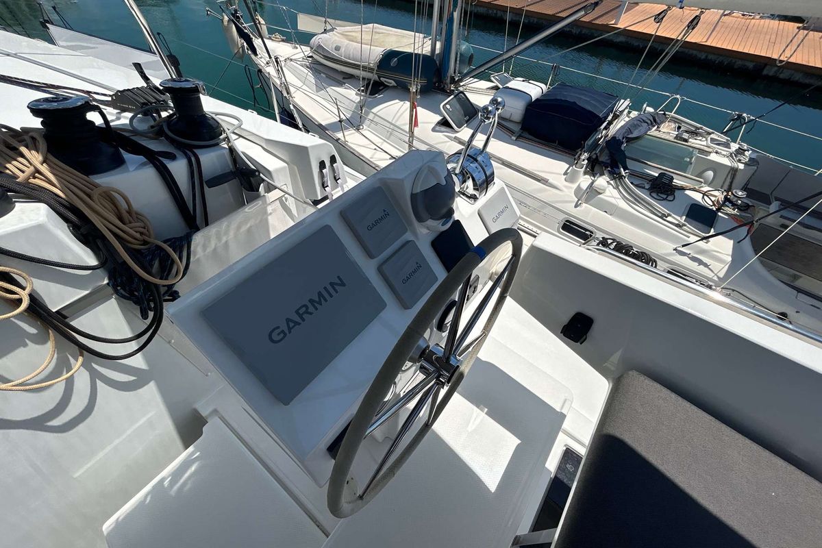 Cockpit of Deutz, a Fountaine Pajot Astréa 42 catamaran at Salerno, Italy