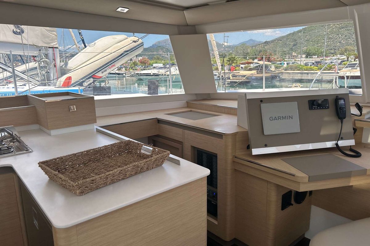 Cockpit of Deutz, a Fountaine Pajot Astréa 42 catamaran at Salerno, Italy