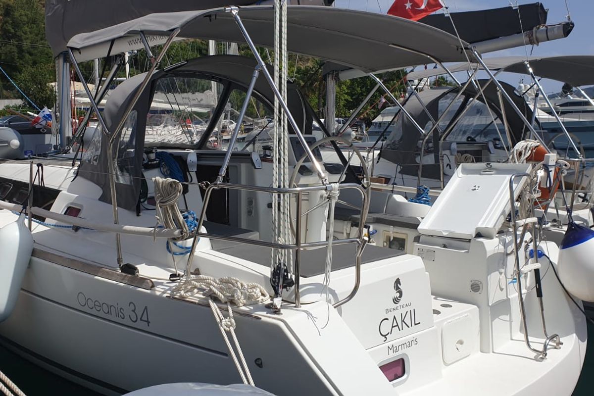 Exterior view of Cakil, a Beneteau Oceanis 34 sailboat at Marmaris, Turkey