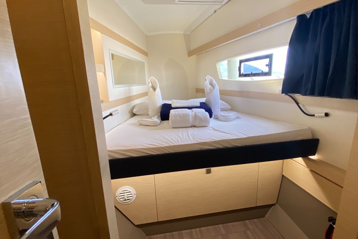Cabin on Happy Ours, a Fountaine Pajot Lucia 40 catamaran at Road Town, British Virgin Islands