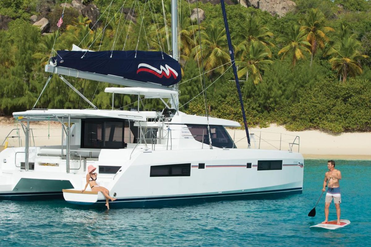 Exterior view of Moorings 4500L Club, a Leopard 45 catamaran at Cannigione, Italy