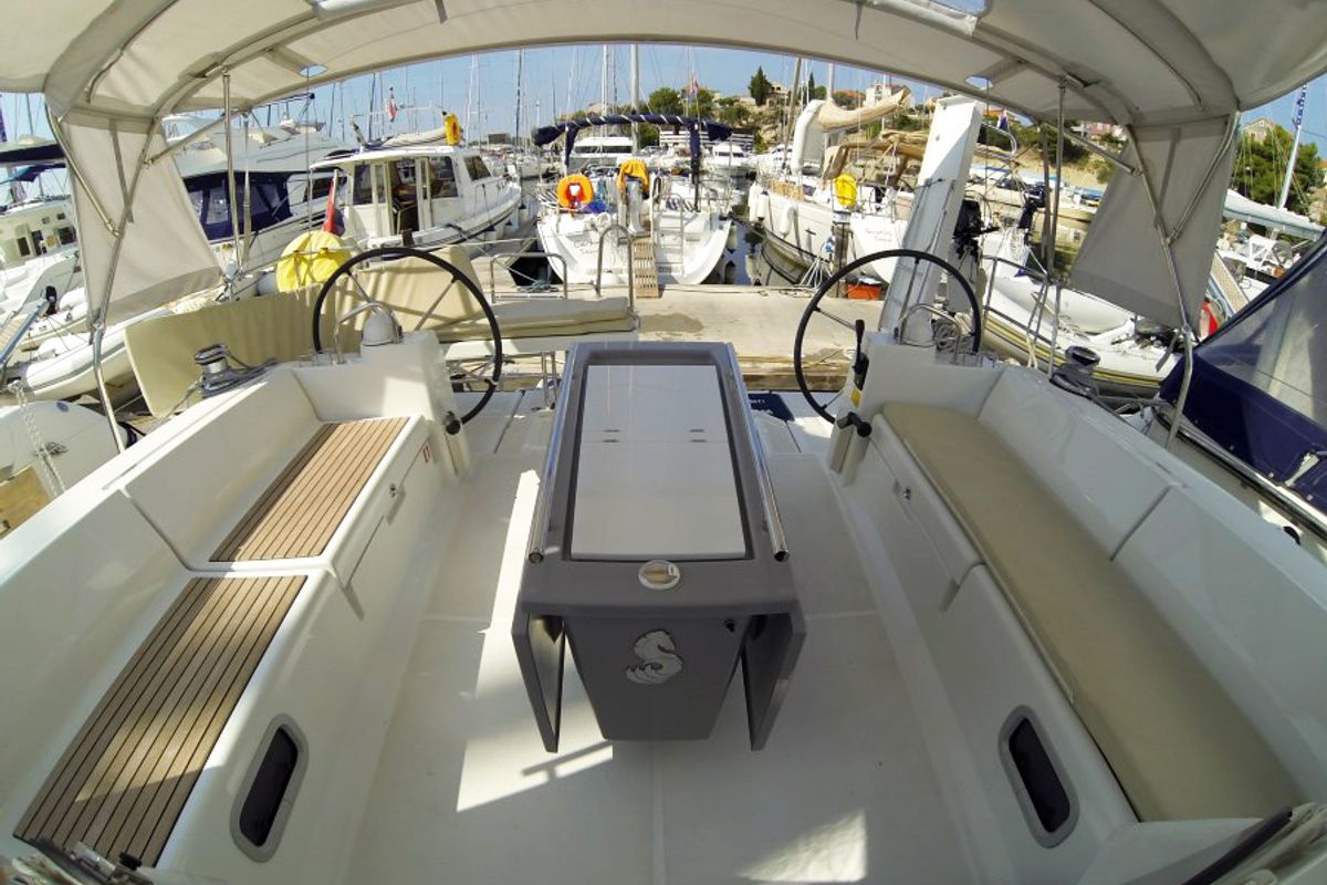 Cockpit of Neška II, a Beneteau Oceanis 45 sailboat at Grad Šibenik, Croatia