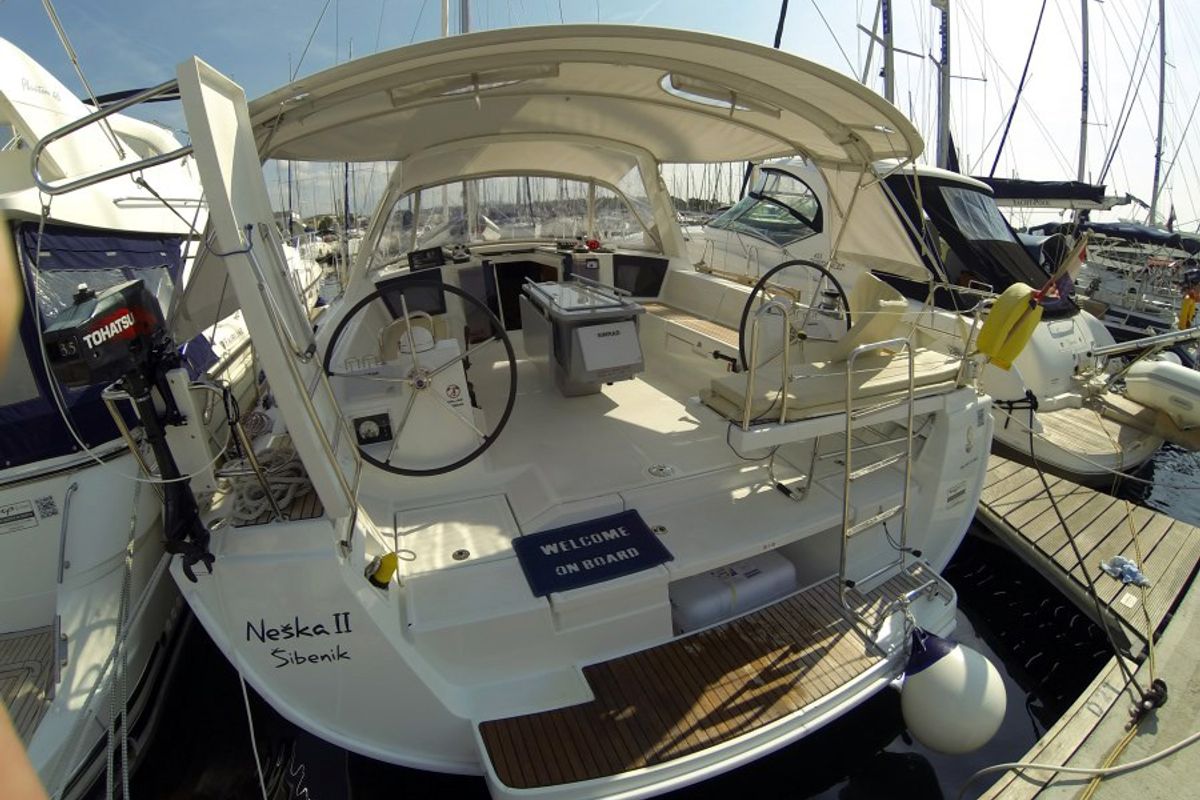 Deck of Neška II, a Beneteau Oceanis 45 sailboat at Grad Šibenik, Croatia