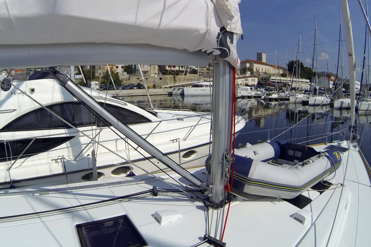 Deck of Neška II, a Beneteau Oceanis 45 sailboat at Grad Šibenik, Croatia