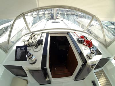 Cockpit of Neška II, a Beneteau Oceanis 45 sailboat at Grad Šibenik, Croatia