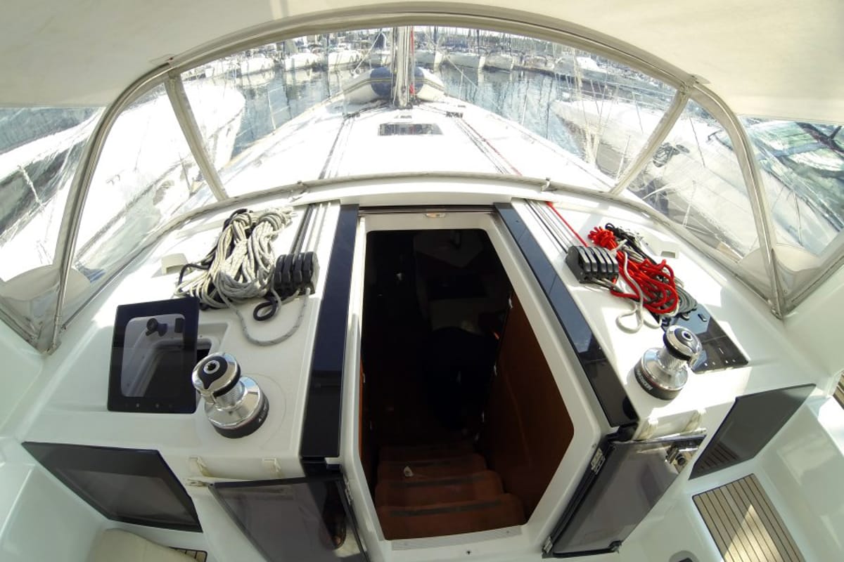 Cockpit of Neška II, a Beneteau Oceanis 45 sailboat at Grad Šibenik, Croatia