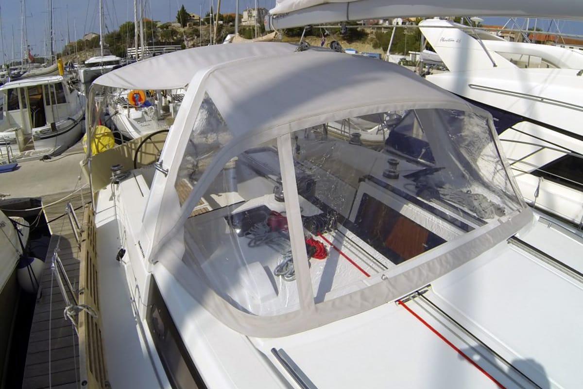 Deck of Neška II, a Beneteau Oceanis 45 sailboat at Grad Šibenik, Croatia
