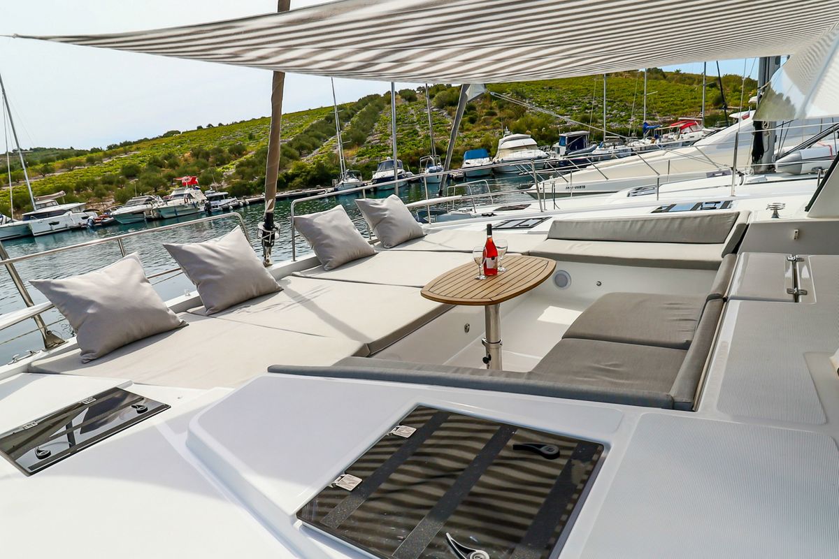 Deck of Cyprinus, a Bali 4.6 catamaran at Primošten, Croatia