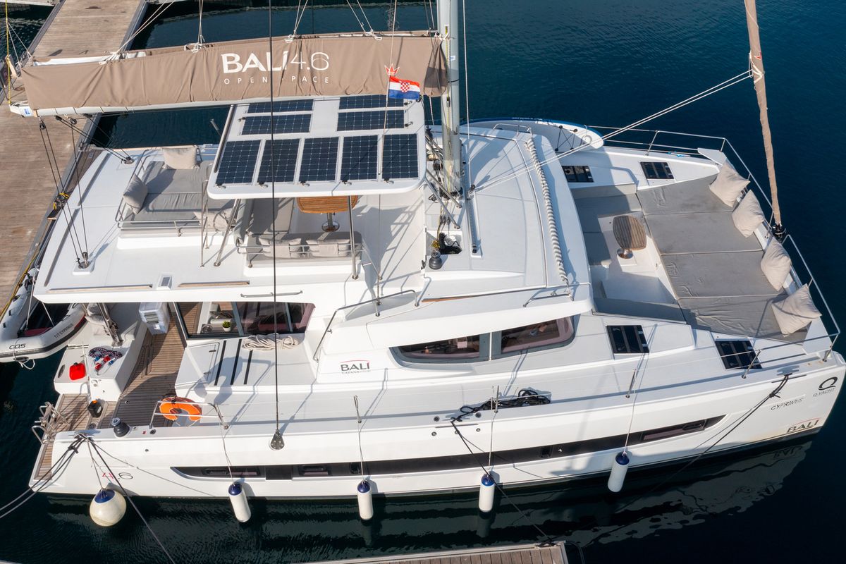 Exterior view of Cyprinus, a Bali 4.6 catamaran at Primošten, Croatia