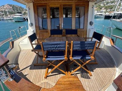 Deck of Balsamico, a Menorquin Yachts Menorquin 160 motorboat at Port d'Andratx, Spain