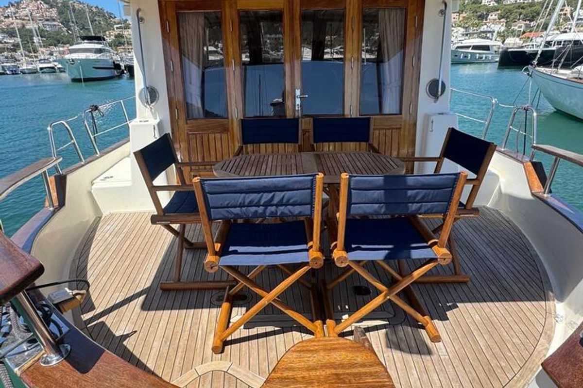 Deck of Balsamico, a Menorquin Yachts Menorquin 160 motorboat at Port d'Andratx, Spain