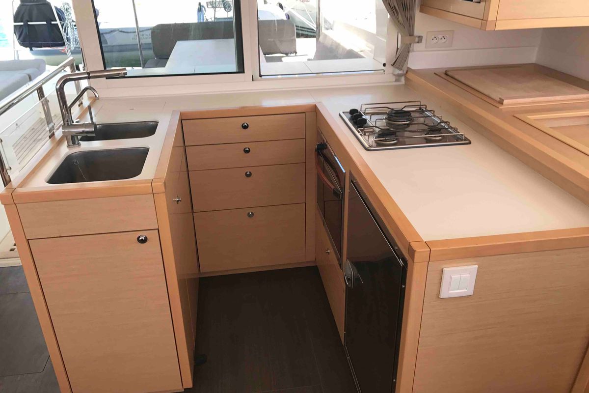 Galley of Dugongo, a Lagoon 450 Fly catamaran at Olbia, Italy
