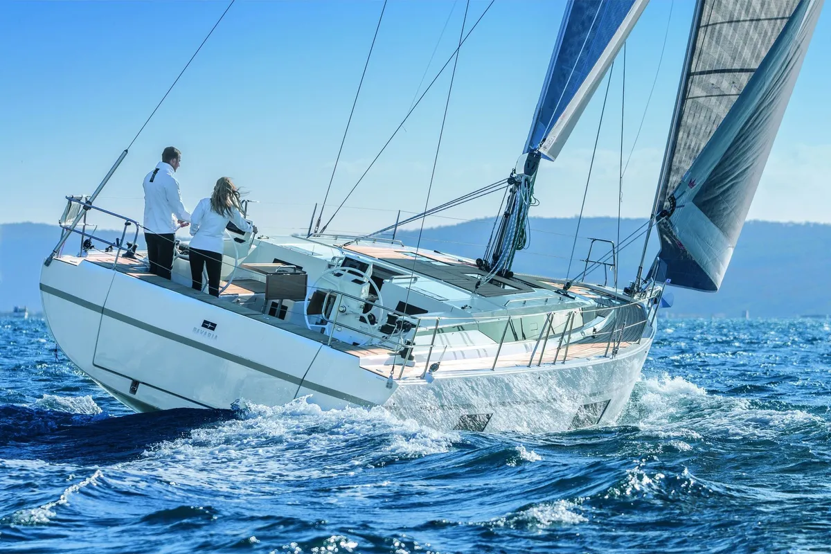 Exterior view of Dawn, a Bavaria C45 sailboat at Municipal Unit of Lefkada, Greece