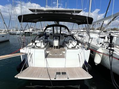 Cockpit of Amelie, a Jeanneau Sun Odyssey 449 sailboat at Kontokali, Greece