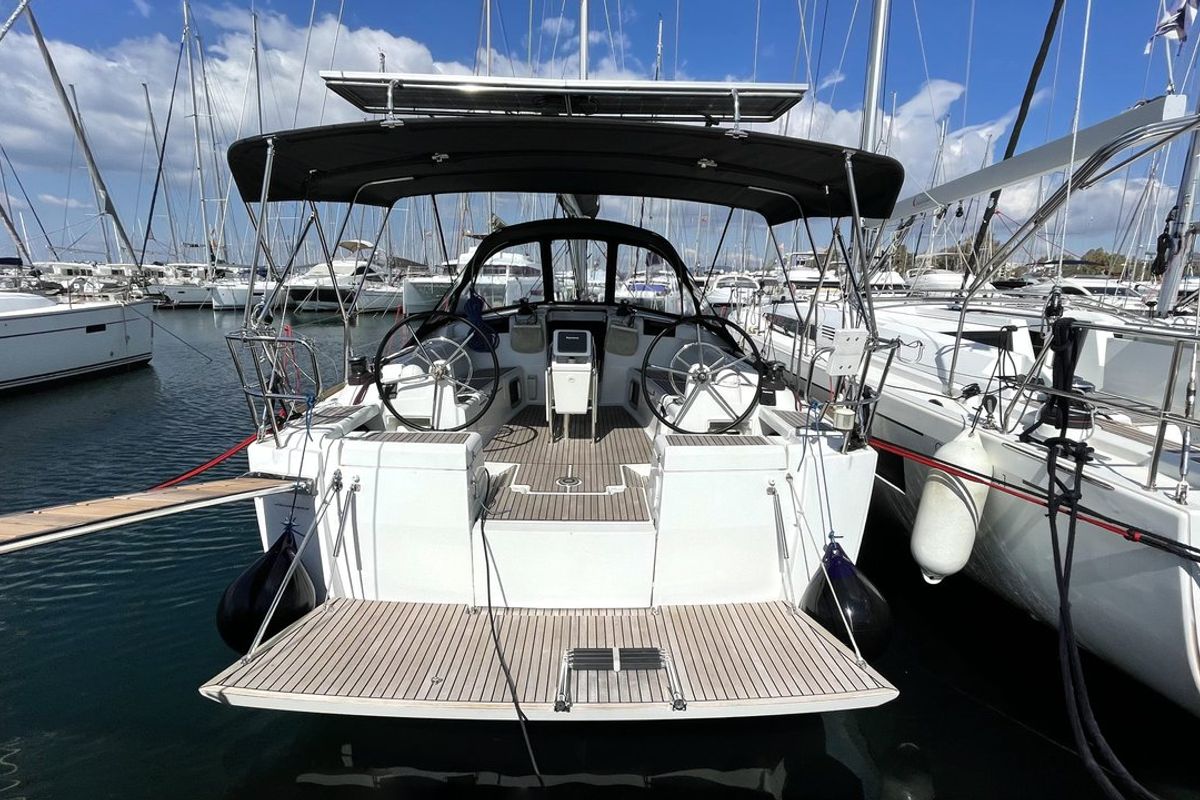 Cockpit of Amelie, a Jeanneau Sun Odyssey 449 sailboat at Kontokali, Greece