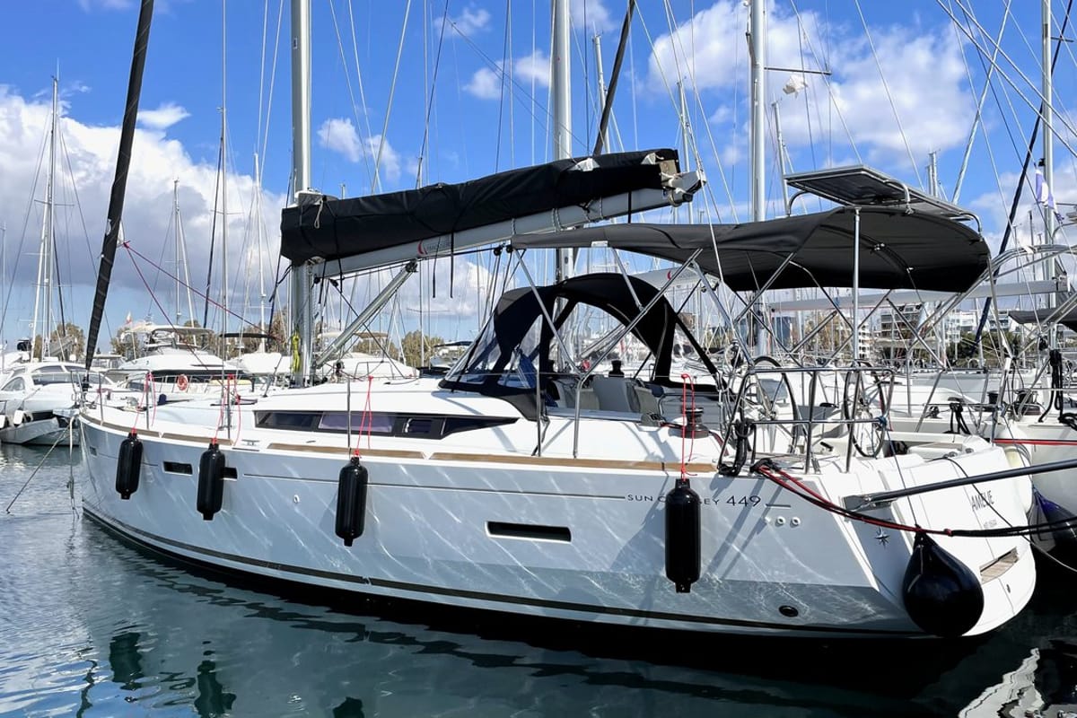 Exterior view of Amelie, a Jeanneau Sun Odyssey 449 sailboat at Kontokali, Greece