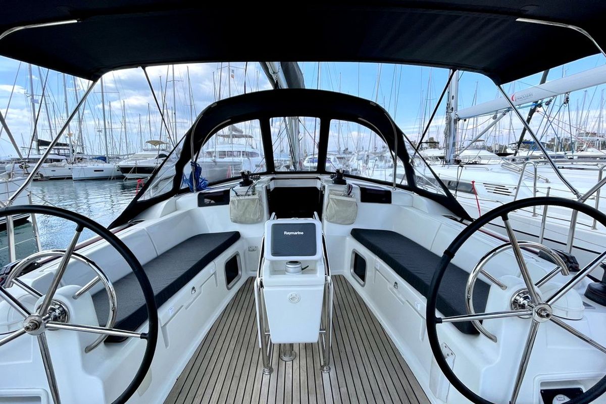 Cockpit of Amelie, a Jeanneau Sun Odyssey 449 sailboat at Kontokali, Greece