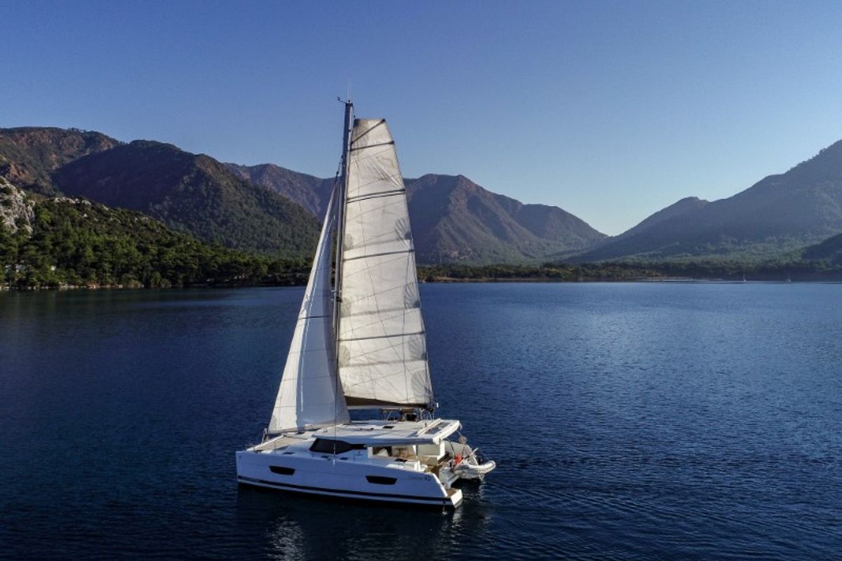 Exterior view of Amber, a Fountaine Pajot Lucia 40 catamaran at Marmaris, Turkey