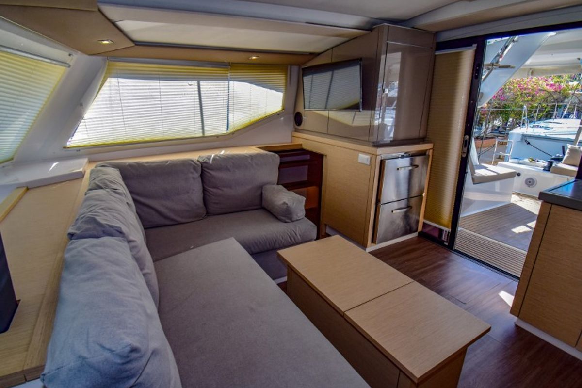 Salon of Amber, a Fountaine Pajot Lucia 40 catamaran at Marmaris, Turkey