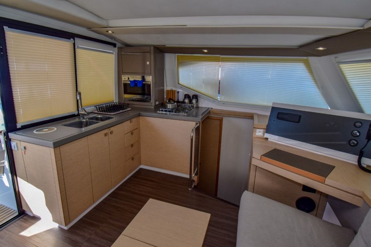 Galley of Amber, a Fountaine Pajot Lucia 40 catamaran at Marmaris, Turkey