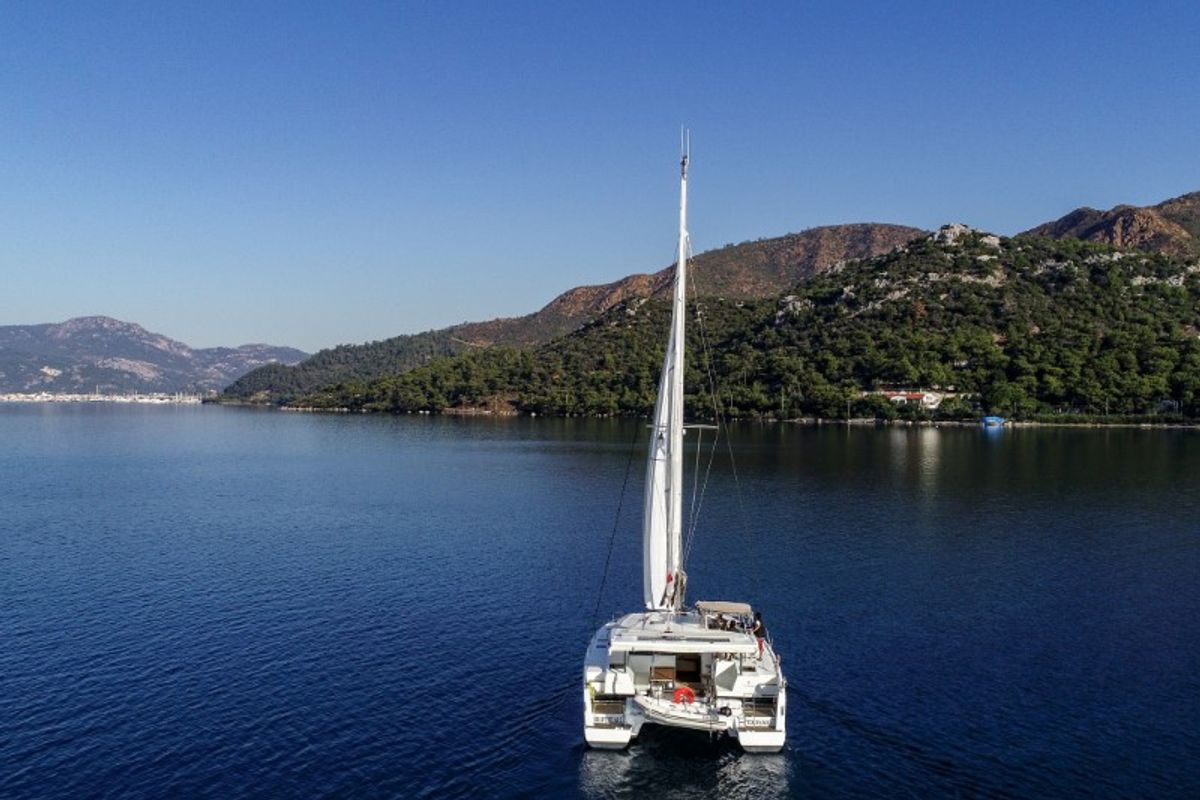 Exterior view of Amber, a Fountaine Pajot Lucia 40 catamaran at Marmaris, Turkey