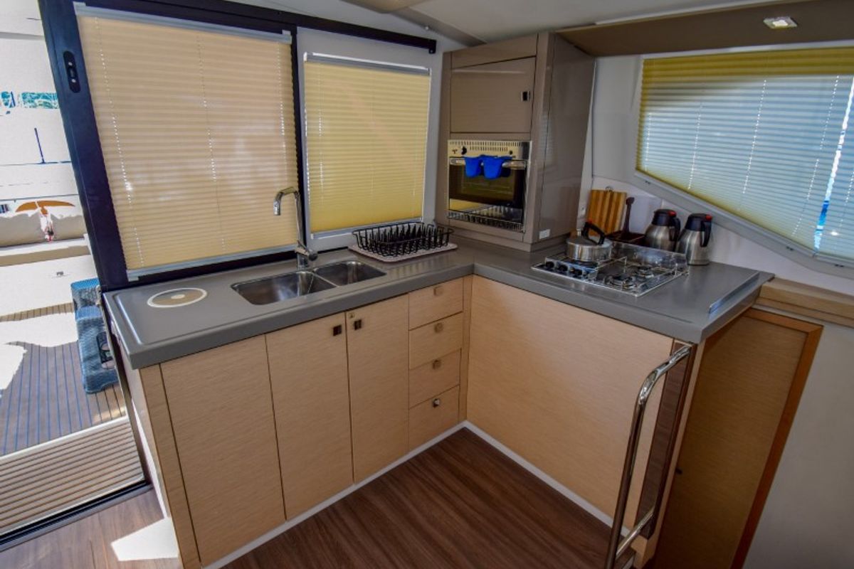 Galley of Amber, a Fountaine Pajot Lucia 40 catamaran at Marmaris, Turkey