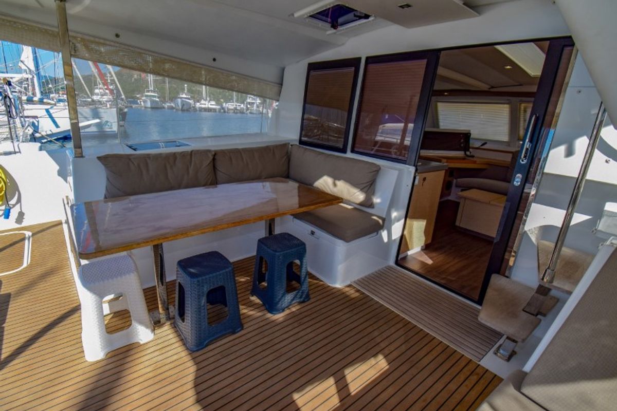 Deck of Amber, a Fountaine Pajot Lucia 40 catamaran at Marmaris, Turkey