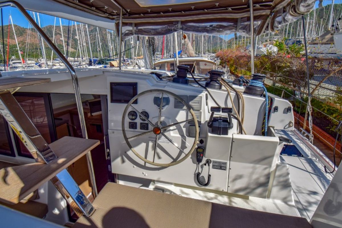 Cockpit of Amber, a Fountaine Pajot Lucia 40 catamaran at Marmaris, Turkey